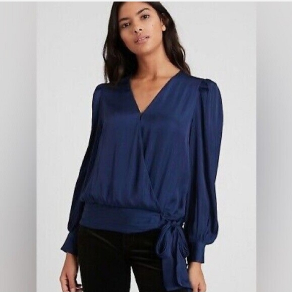 NWT Banana Republic Midnight Blue Satin Tie/Sash Blouse XS - Picture 1 of 5